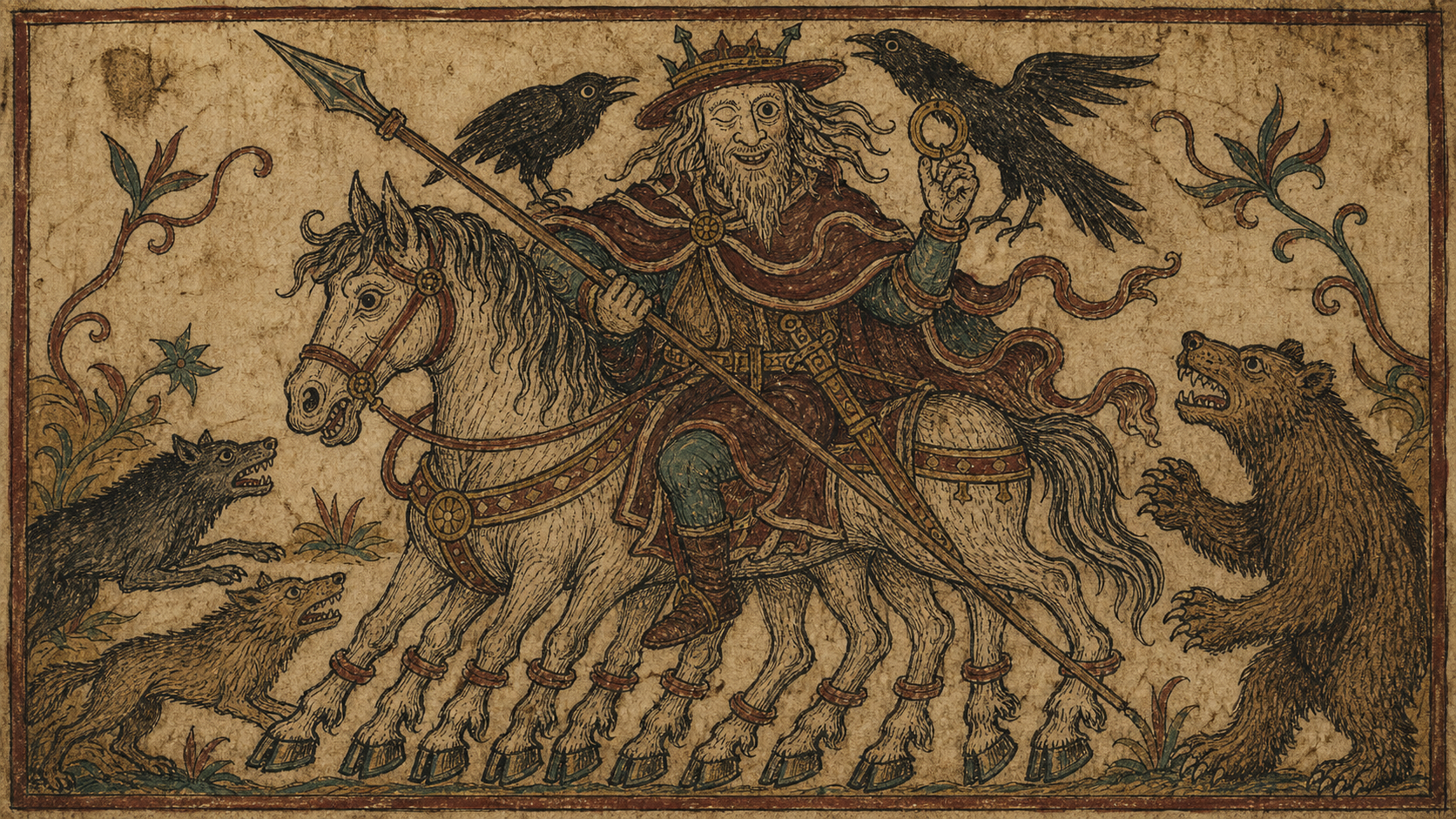 Medieval manuscript style illustration of Odin with mythic animals